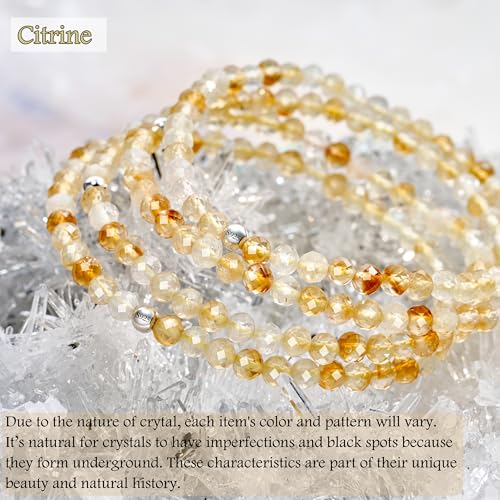 Beaded Bracelets for Women, Handmade Natural Stone Tiny 4mm Beads 925 Sterling Silver Dainty Stretch Bracelets, Chakra Crystal Gemstone Jewelry Gifts - color: Citrine (Stone of Success), size: Large 7.7-7.9 inch