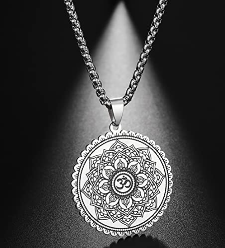 Om Symbol Lotus Necklace For Men Women Stainless Steel Chakra Meditation Necklace Lotus Om Symbol Pendant Necklace Viking Jewelry Healing Gift - color: silver