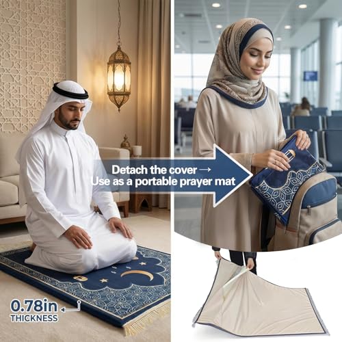 Muslim Prayer Mat 2-in-1 Travel Rug with Removable Washable Cover, Thick Foam Janamaz Sajadah, Minimalist Star & Moon Islamic Design, Non-Slip, 31.5"x47.2" - color: Green