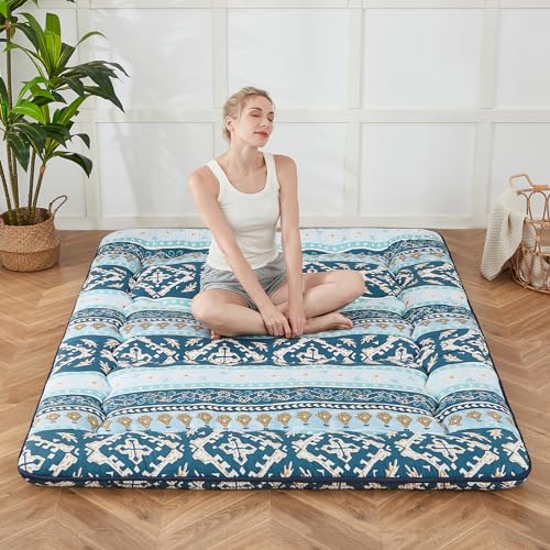Zelladorra Japanese Floor Mattress, Futon Mattress with Portable Storage Bag and Washable Cover, Roll Up Thick Tatami Mat Suitable for Camping, Guest Room (Blue Striped Jacquard, Twin) - color: Blue Striped Jacquard ( 4"th + Dust Cover ）, size: Twin (80"L