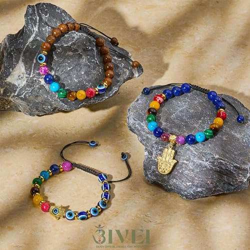 Bivei Chakra Bead Bracelets for Women - 8mm 7 Chakra Bracelet With Real Stones Yoga Gemstone Jewelry 3 Pack - style: #1 Set of 3 khamsah