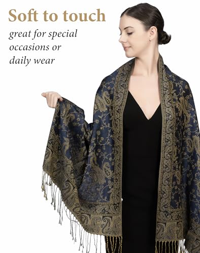 Achillea Reversible Paisley Pashmina Rave Scarf – Exotic Indian Shawls and Wraps for Evening Dresses, Festivals, All Seasons - color: Light Navy