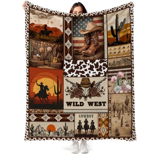 Western Cowboy Blanket Wild West Patchwork Throw Blanket Soft Cozy Country Rustic Blanket for Couch Bed Gift for Women Men, 50x60 Inch - color: Brown Black, size: 50"x60"