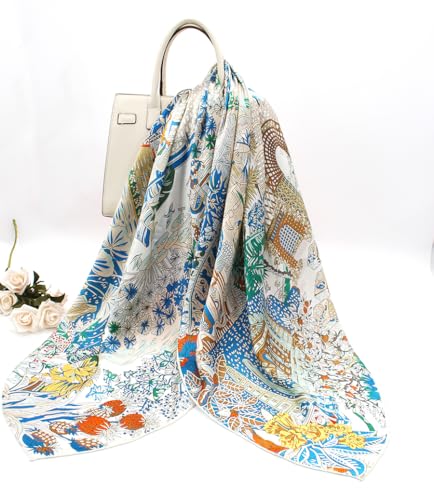 ANDANTINO 100% Silk Scarf 43" Large Square Lightweight Headscarf& Shawl–Women Hair Wraps-With Gift Packed - color: Beige&blue