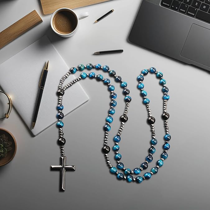 LIYAPEI Triple Protection Necklace with Tiger Eye, Obsidian, and Hematite - Stylish Men's Cross Necklace and Women's Y-Shaped Sweater Chain An Anxiety Relief Beaded Necklace. - color: Tiger Eye Blue