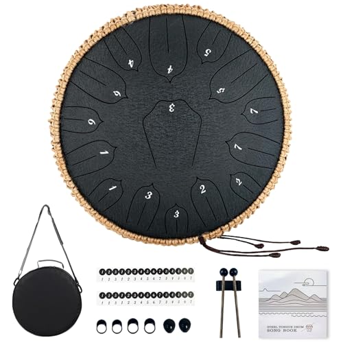 TUOKING Steel Tongue Drum 13 inch 15 Notes Rain Drum for Outside D Key with Lotus Design - Handpan Percussion Instrument for Meditation,Yoga,and Music Therapy,Gift for Beginners & Adults(Navy Blue) - color: A-Navy Blue, size: 13 Inch 15 Notes