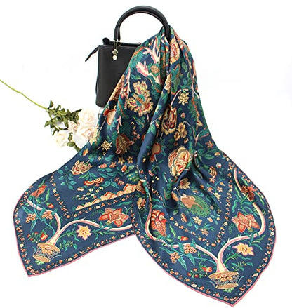ANDANTINO 100% Silk Scarf 43" Large Square Lightweight Headscarf& Shawl–Women Hair Wraps-With Gift Packed - color: Flowers-navy