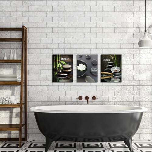 FuShvre Zen Wall Art for Bathroom Zen Stone Bamboo Lotus Orchid Flower Pictures Still Life Prints for Zen Meditation Room Wall Decor Framed 12x16 inch each piece (small) - size: 16"L x 12"W