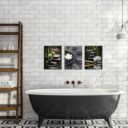 FuShvre Zen Wall Art for Bathroom Zen Stone Bamboo Lotus Orchid Flower Pictures Still Life Prints for Zen Meditation Room Wall Decor Framed 12x16 inch each piece (small) - size: 16"L x 12"W