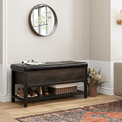 HOSTACK Storage Bench, Entryway Shoe Bench with Flip-Open Storage Box, End of Bed Ottoman Bench with Storage Shelf and Padded Seat for Bedroom, Hallway, Dark Brown