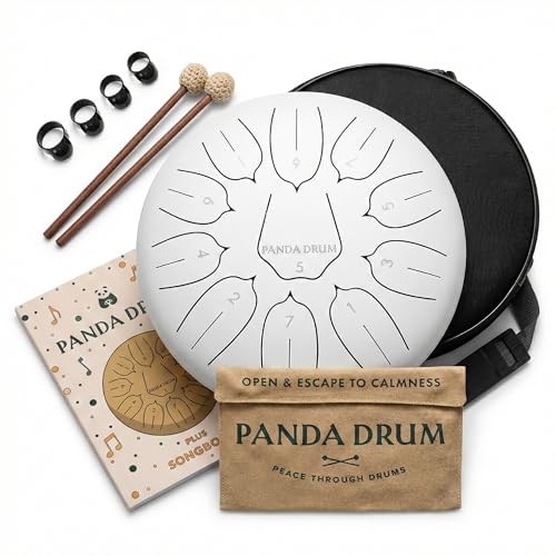 Panda Drum Plus (White) | Steel Tongue Handpan with Music Book, Mallets, Carrying Bag & Finger Picks | 11 inch, 432 Hz | Rain Drum for Inside & Outside | Calming Musical Instrument for Adults & Kids - color: 1-White