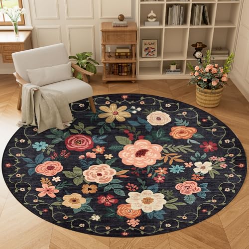 DUKINO Floral Round Rug, 6ft Washable Circle Rug, Non Slip Indoor Low Pile Circle Rug, Soft Small Boho Design Carpet for Bedroom, Entryway, Living Room, Dining Room, Black - color: Black, size: 6' (Round)