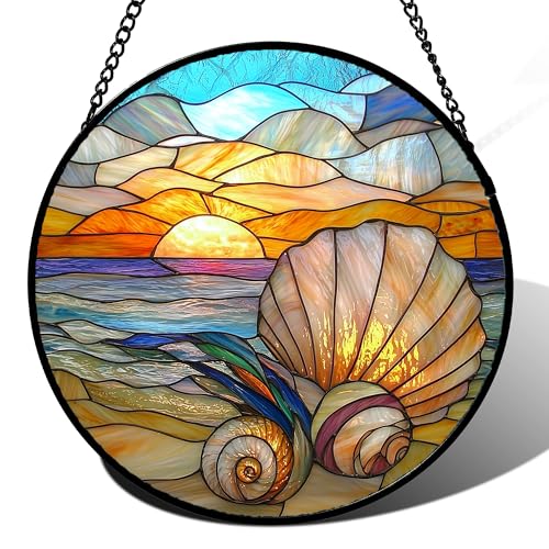 Stained Glass Window Hanging - Colorful Beach Shells Conch Sun Catcher for Door Home Decor Ocean Suncatcher Christmas Mother's Day Birthday Sea Lover Gifts for Women Men Mom Nana 6.3 in - color: Colorful, size: 6.3x6.3 IN