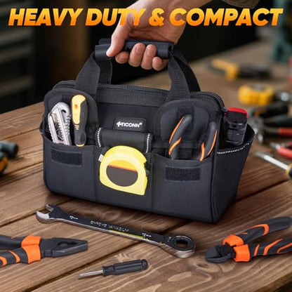 TICONN Heavy Duty Tool Bag with Multi-Pockets, Portable Tool Box Organizer Storage Bag, with Adjustable Shoulder Strap and Ergonomic Handle (Black, 12" Standard Base)