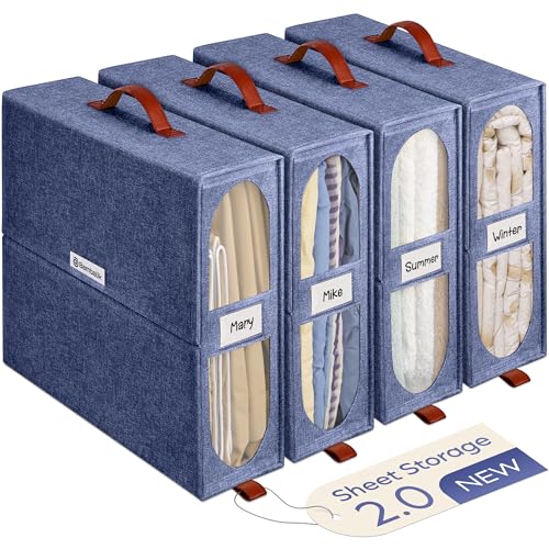 4x Bed Sheet Organizer Storage Boxes with Big See-Through Windows - Bedsheet Organizers Redesigned. Robust Bed Sheet Storage -15x13x5 Inches Sheet Organizers Containers (Denim) - color: 4 Pack (Denim)