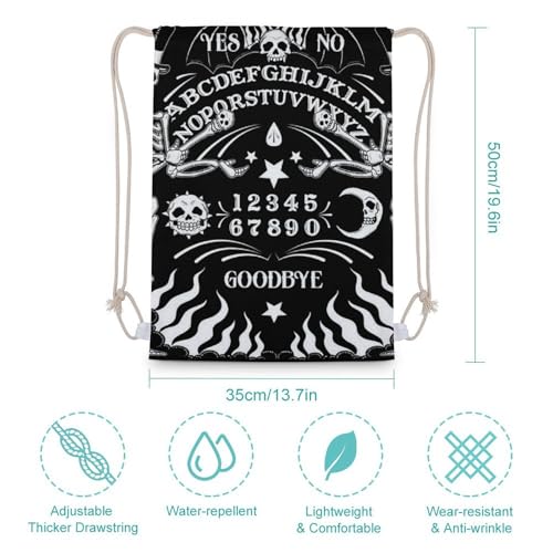 Skull Skeleton Witch Board Tarot Black Art Portable Canvas Drawstring Backpack with Drawstring Pockets 35x50cm - color: Skull Skeleton Witch Board Tarot Black Art, size: 35x50cm