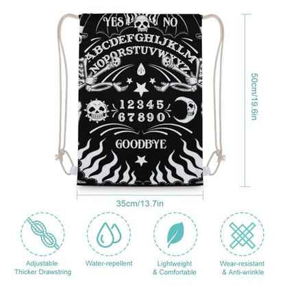 Skull Skeleton Witch Board Tarot Black Art Portable Canvas Drawstring Backpack with Drawstring Pockets 35x50cm - color: Skull Skeleton Witch Board Tarot Black Art, size: 35x50cm