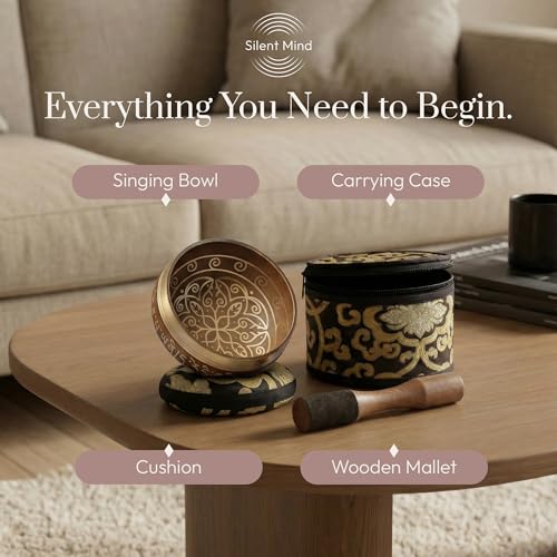 Silent Mind Tibetan Singing Bowl Set – Easy to Play & Beginner Friendly Meditation Bowl with Cushion, Mallet & Case | Stress Relief & Mindfulness | Gift-Ready - color: Cosmic Gold, size: With Case
