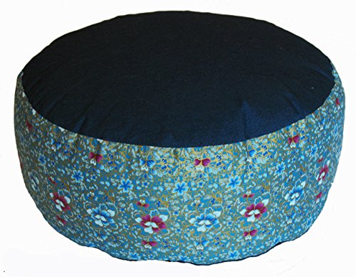 Meditation Cushion Zafu Pillow - Buckwheat and Kapok Fill - Indochine Floral Teal - color: Indochine Floral Teal