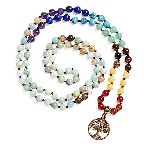 Bivei 7 Chakra 108 Mala Beads Bracelet Real Gemstone Yoga Meditation Hand Knotted Mala Prayer Bead Necklace - size: 8mm, style: Life Tree - 8mm Amazonite