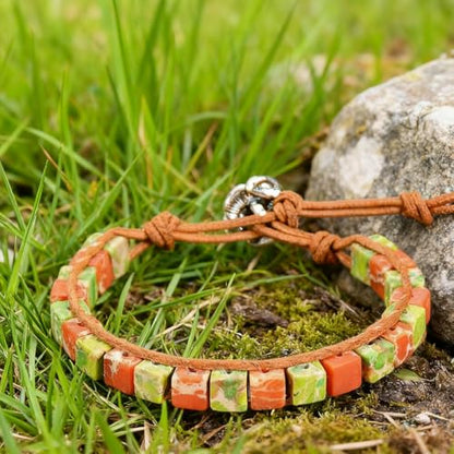 7 Chakra Bracelet Bohemian Handmade Leather Wrap Healing Protection Natural Stone Yoga Beaded Bracelets Boho Friendship Jewelry - color: Orange & Green