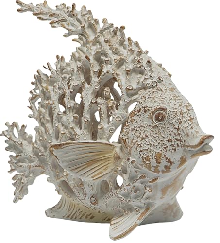Beach Coastal Decor Coral Reef Angelfish Home Office Desk Decor Sculpture Statue for Tabletop Shelf Bathroom Decoration Ornament Gift (White)