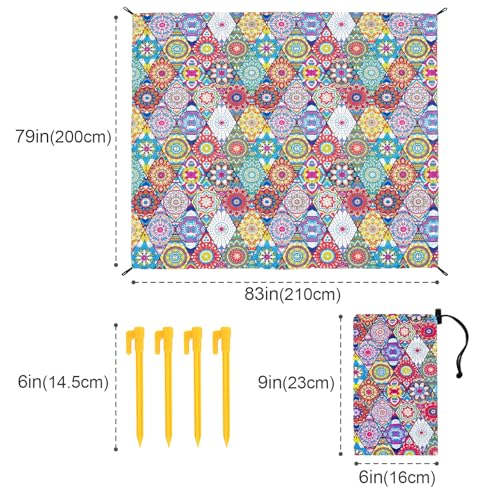 Portable Beach Blanket 6.5'x6.5' - Sand-Free & Lightweight (1lbs) Nylon | Kaleidoscope Pattern Design for Families | Quick-Dry Skin-Friendly Picnic Mat for Beach/Camping - color: Kaleido