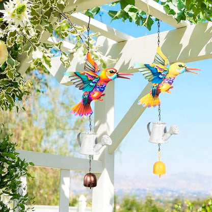 Metal Hummingbird Hanging Decor, Bird Wind Chime Bell Hanging Decor for Outdoor Garden Yard Doors Walls Living Rooms Bedrooms, 2 Pack (Bird-c-Kettle) - style: bird-c-kettle