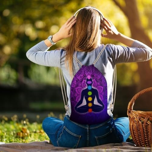 Seven Chakra Yoga Meditation Lotus Purple Mandala Portable Canvas Drawstring Backpack with Drawstring Pockets 35x50cm - color: Seven Chakra Yoga Meditation Lotus Purple Man, size: 35x50cm