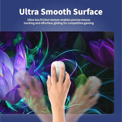 XXL Gaming Mouse Pad with Stitched Edges - Abstract Modern Neon Lotus Painting Purple Glowing Flowers Blossom, Smooth Cloth Surface Anti-Slip Rubber Base Large Desk Mat for Mice & Keyboard - color: Lotus Painting