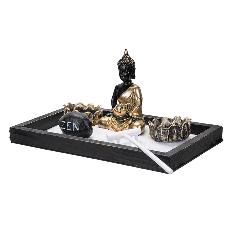 Summit Collection Gifts Meditation Zen Garden Set with Black and Gold Buddha Figurine Two Lotus Tea Light Candle Holders White Sand Decorative Wood Display Tray Decor 9" x 5"