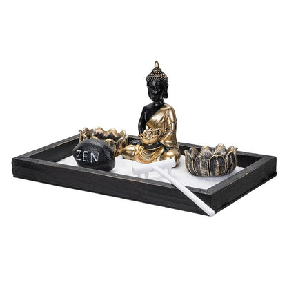 Summit Collection Gifts Meditation Zen Garden Set with Black and Gold Buddha Figurine Two Lotus Tea Light Candle Holders White Sand Decorative Wood Display Tray Decor 9" x 5"