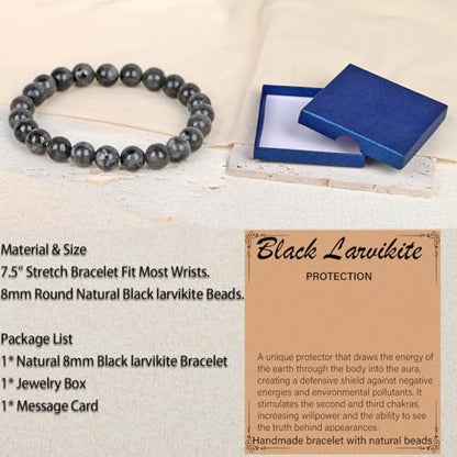 LPBeads Handmade Natural Gemstone Stretch Elastic Bracelet Healing Crystal Round Stone Beads Jewelry Gifts for Women Men - color: Black Larvikite, size: 8mm
