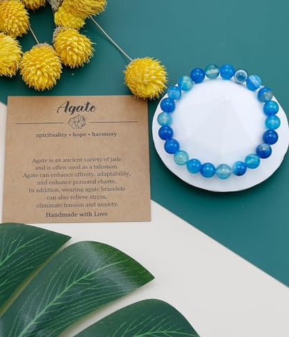 BOMAIL Natural Stone Bracelet for Women Men - 8MM Semi-Precious Gemstone Beaded Bracelet Healing Crystal Stretch Bracelet Yoga Bracelets Jewelry - color: Agate