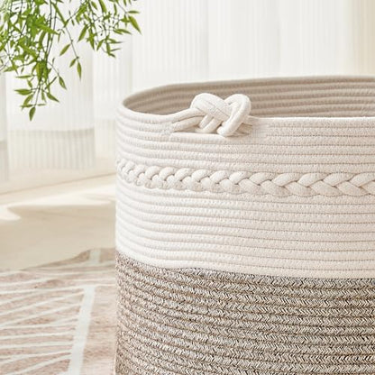 KAKAMAY Large Blanket Basket (20"x13"),Woven Baskets for storage Baby Laundry Hamper, Cotton Rope Blanket Basket for Living Room, Laundry, Nursery, Pillows, Baby Toy chest (White/Beige) - color: Beige