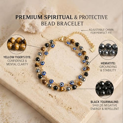 Farfume Crystal Bracelet Beaded Bracelets 4mm Natural Stone Beads Gemstone Handmade Jewelry Gift for Women - color: Evil Eye-Protection & Good Luck
