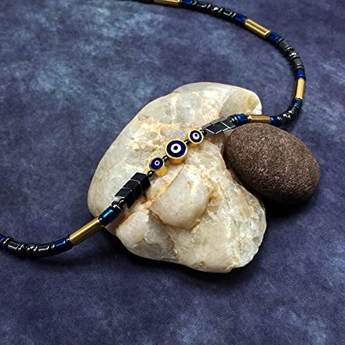 Healing Stress Anxiety Meditation Grounding Energy Gemstone Necklace Series - color: Black Blue Hematite -4 mm- Tube Beads & Evil Eye