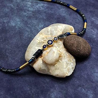 Healing Stress Anxiety Meditation Grounding Energy Gemstone Necklace Series - color: Black Blue Hematite -4 mm- Tube Beads & Evil Eye