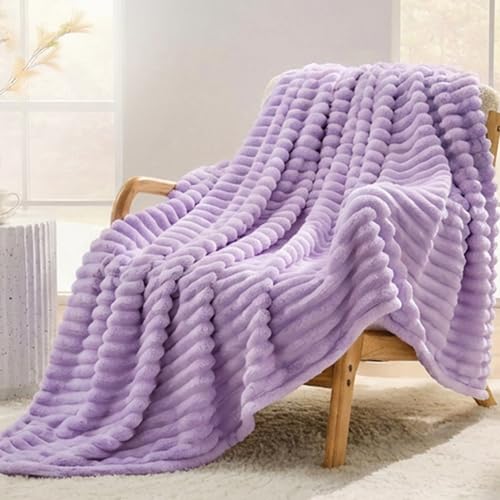 Light Purple Striped Queen Size Blanket, 330GSM Soft Plush Fleece Blanket for Couch Sofa Bed, Decorative Cozy Giftable Home Blanket, 90x90 Inches - color: Light Purple, size: Queen(90"x90")