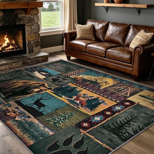 ASPMIZ Rustic Area Rug 3x5 Entryway Rug Non-Slip Washable Indoor Door Mat, Lodge Bear Moose Cabin Western Rugs for Entrance, Kitchen, Bathroom, Vintage Soft Buffalo Floor Door Rugs Low Profile, Blue - color: Blue, size: 3' X 5' (Rectangular)
