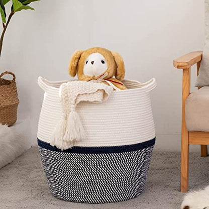 KAKAMAY Woven Baskets for Storage(17"x17"),Large Cotton Rope Basket Woven Baby Laundry Hamper,Collapsible Laundry Basket, Blanket Basket for Living Room,Nursery,Clothes, Toy chest(Navy Blue) - color: Navy Blue