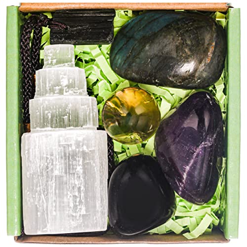 Protection Crystals and Healing Stones, Black Tourmaline Necklace, Selenite Tower,Smokey Quartz Sphere,Black Obsidian Healing Crystals Set for Meditation Accessories,Witchcraft Supplies - color: Protection