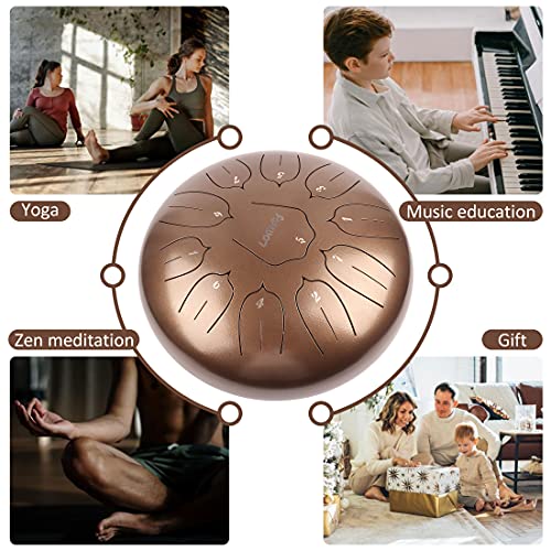Steel Tongue Drum 12 Inch 11 Notes for Adults - Ethereal Metal Instrument for Meditation & Yoga with Music Book, Mallets & Carry Bag (Brown) - color: Brown