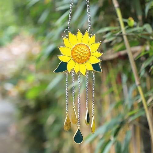 Sunflower Wind Chimes Ornaments, Stained Glass Dripping Sunflower Pendant Window Hanging Panel Decoration with Chain, Flower Wind Chimes Art Decorations for Garden Patio Decor