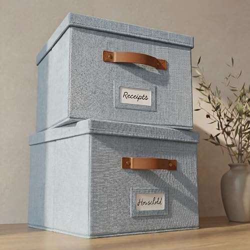Decorative File Organizer Box Set of 2 - Collapsible Linen Filing Cabinets with Handles Are Perfect to Store All Your Documents & Hanging File Folders - Portable Easy Slide Office Crates with Lid - color: Morning Blue