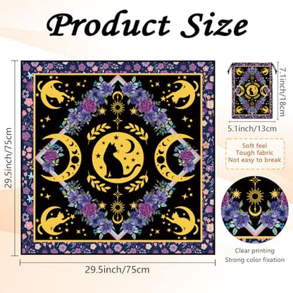Tarot Altar Cloth Cat and Moon Phases Print Card Table Tablecloth Pueple Flowers Tablecloth with Tarot Bag for Reading Rituals Crystals Spiritual Divination Witchcraft Supplies - color: Cat and Moon Phases