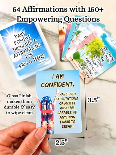 Positive Affirmation Cards for Kids and Teens - 54 Affirmations, 150+ Inspirational Questions with Storage Box - Inspire confidence and Positive attitude - Self Care Kit & Mindfulness Gift