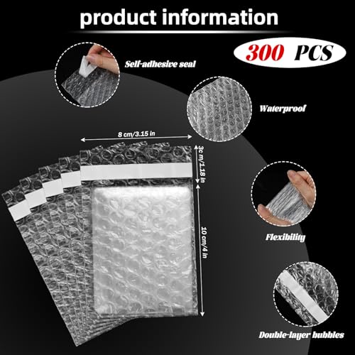 Frienda 300 Pcs Clear Self Sealing Bubble Cushion Bags Double Wall Bubble Pouch Bag Plastic Shockproof Protective Packing Bags for Small Business Moving Shipping Packaging Storage(3.15" X 4") - size: 3.15" X 4"