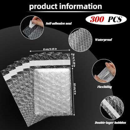 Frienda 300 Pcs Clear Self Sealing Bubble Cushion Bags Double Wall Bubble Pouch Bag Plastic Shockproof Protective Packing Bags for Small Business Moving Shipping Packaging Storage(3.15" X 4") - size: 3.15" X 4"