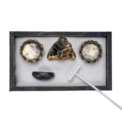 Summit Collection Gifts Meditation Zen Garden Set with Black and Gold Buddha Figurine Two Lotus Tea Light Candle Holders White Sand Decorative Wood Display Tray Decor 9" x 5"